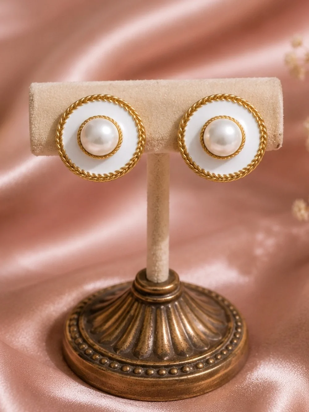 White Pearl Button Gold Earrings